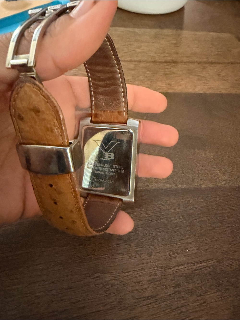 YB Stainless Steel Square Watch with Brown Leather Strap